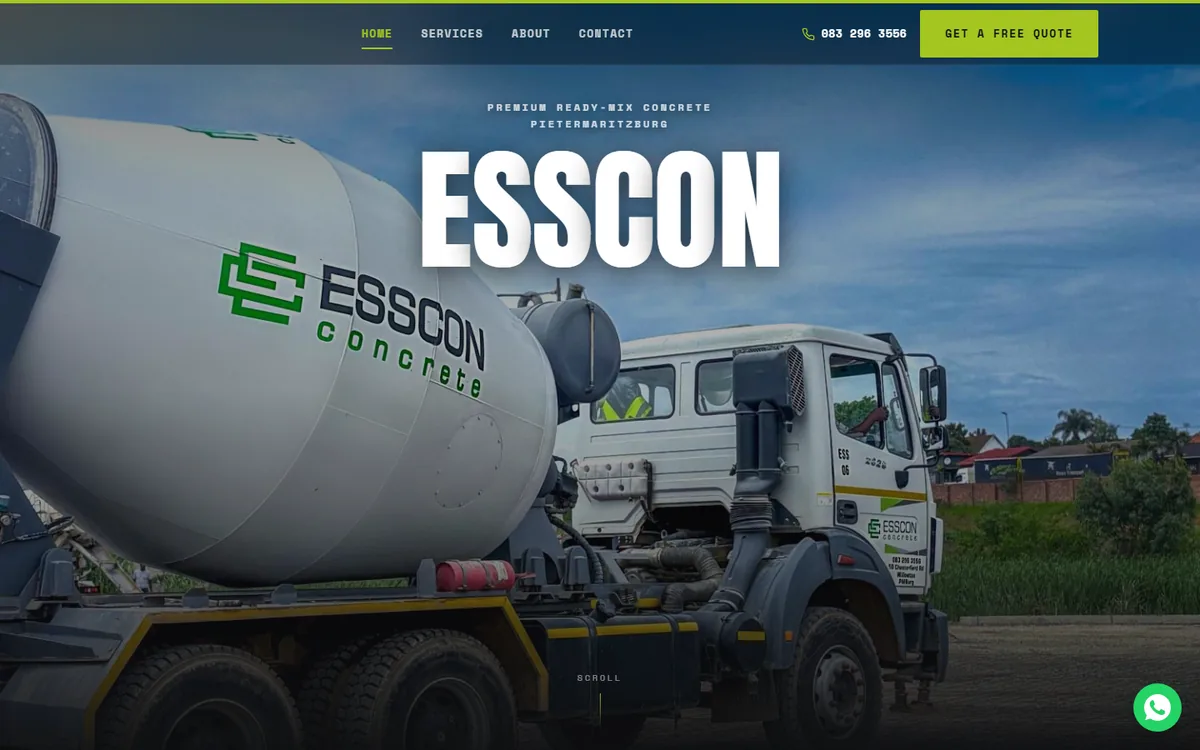 Esscon Concrete homepage, full bleed photograph of a ready mix truck