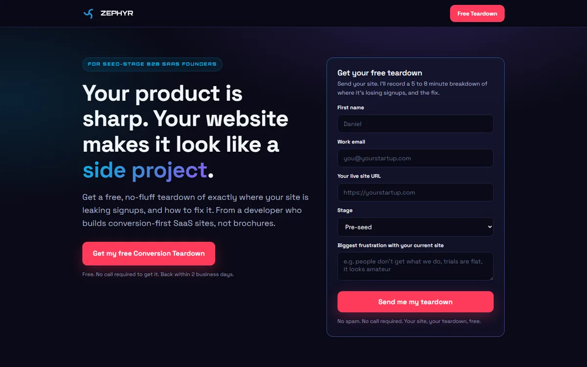 Lead capture funnel with a headline and a multi field form