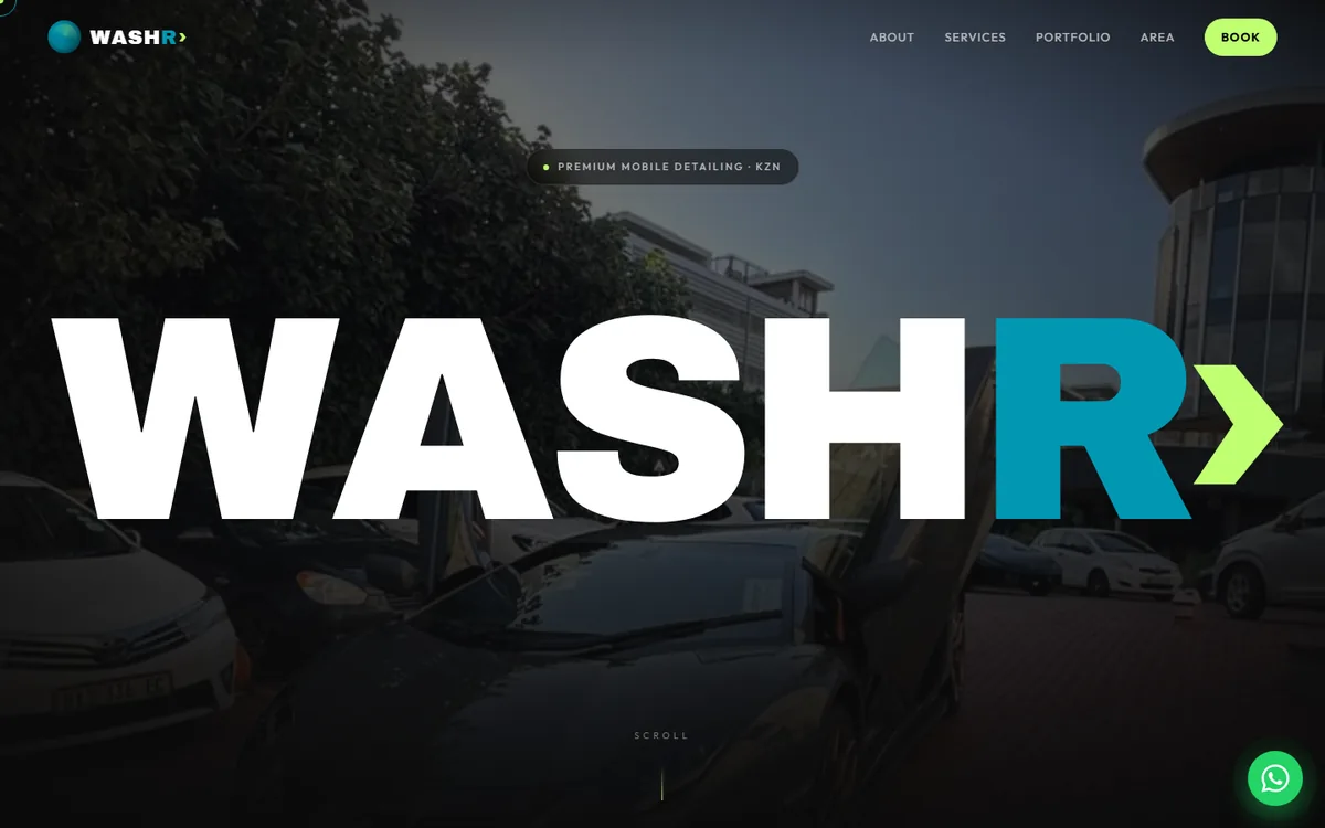 Washr Detailing homepage with oversized wordmark over a photograph