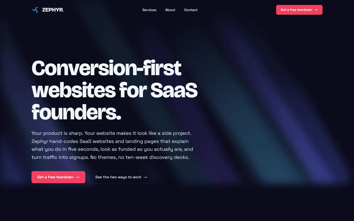 Zephyr Operations homepage, dark hero with a large headline